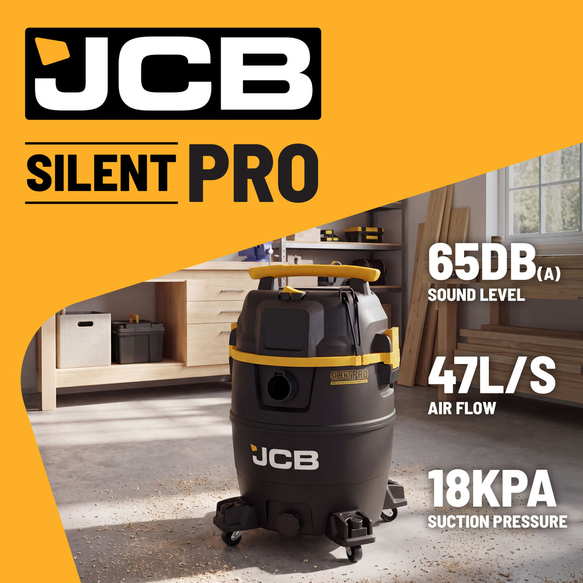 JCB, Silent Pro 61L L-Class Wet & Dry Vacuum Cleaner, 65dB(A) & 47L/s Airflow | JCB-SVACP-61L