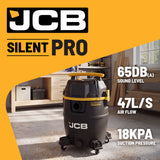 JCB, Silent Pro 61L L-Class Wet & Dry Vacuum Cleaner, 65dB(A) & 47L/s Airflow | JCB-SVACP-61L