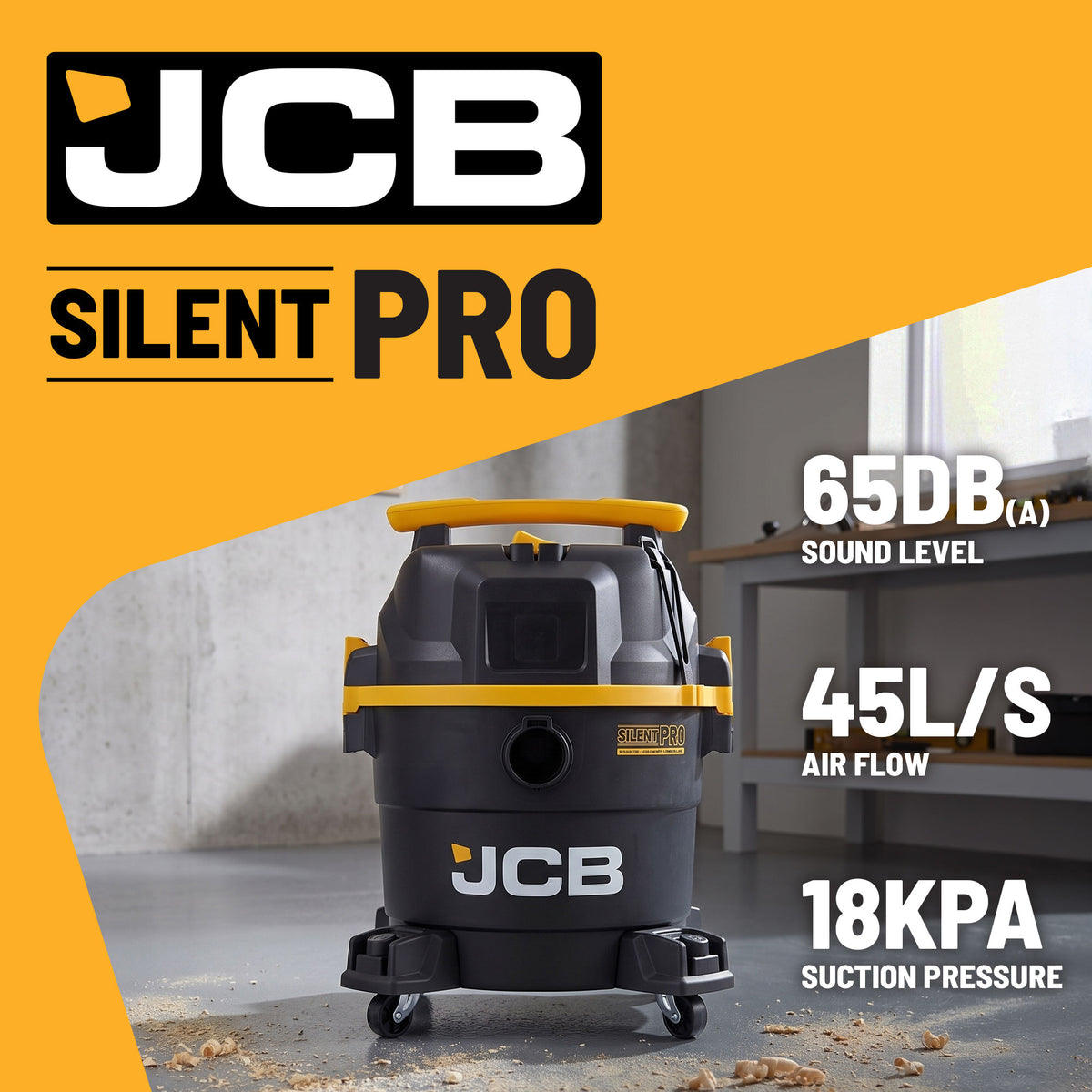 JCB, Silent Pro 34L L-Class Wet & Dry Vacuum Cleaner, 65dB(A) & 45L/s Airflow | JCB-SVACP-34L