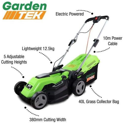 GardenTek 38cm Corded Electric Lawn Mower with Rear Roller 1600w/230v | GT38E