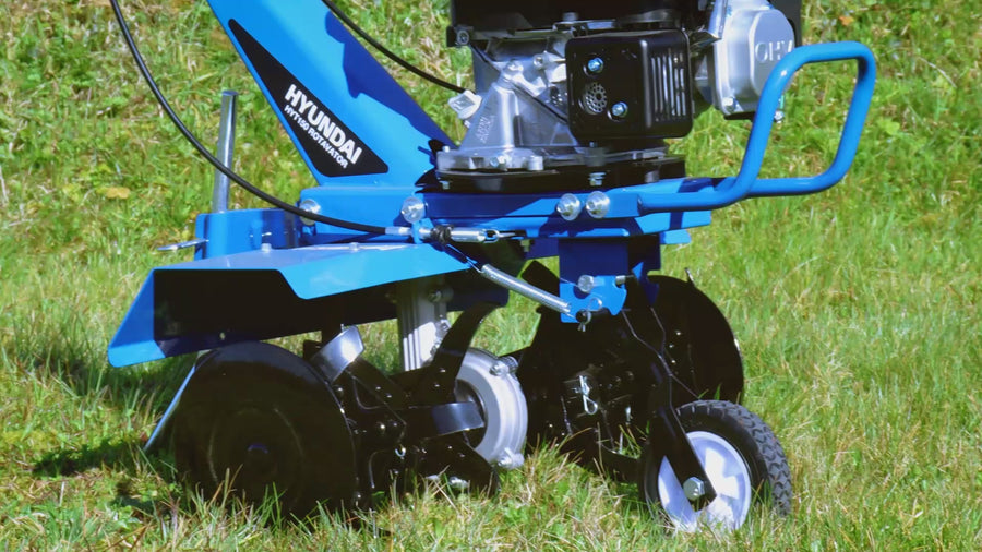 Hyundai 150cc 56cm Petrol Garden Tiller, Cultivator, Rotovator and Rototiller 4-Stroke 2.7kW 6 x 4 Blades | HYT150 — video