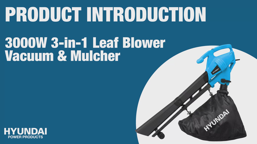Hyundai 3000W Electric Leaf Blower & Vacuum, 3-in-1, 34L Collection Bag | HYBV3000E3 — video